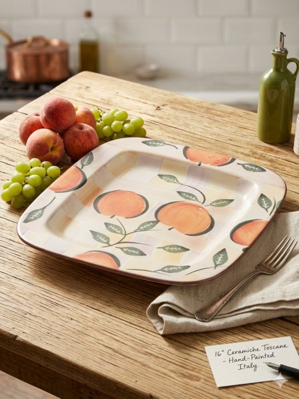 Vintage 16" Square Serving Platter Ceramiche Toscane- Hand-Painted Peach Design